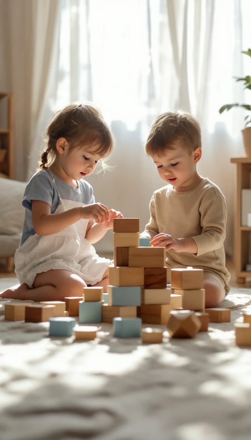 Children playing together with wooden blocks
