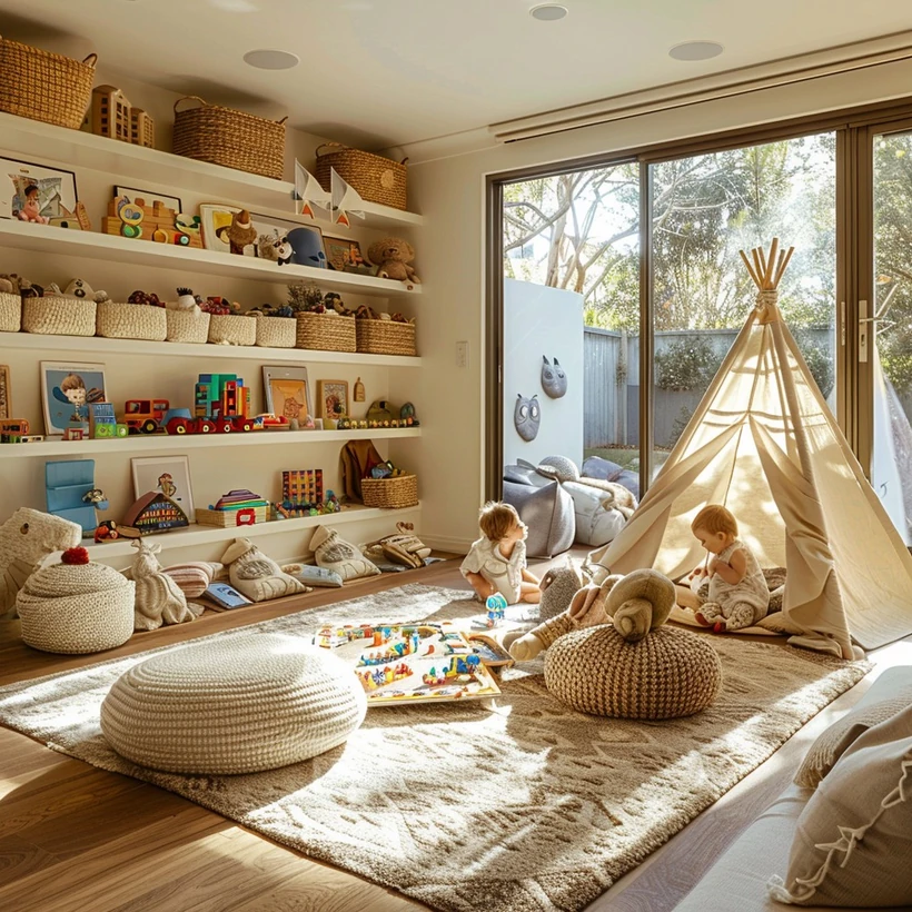 A warm, sunlit playroom where children play near a teepee
