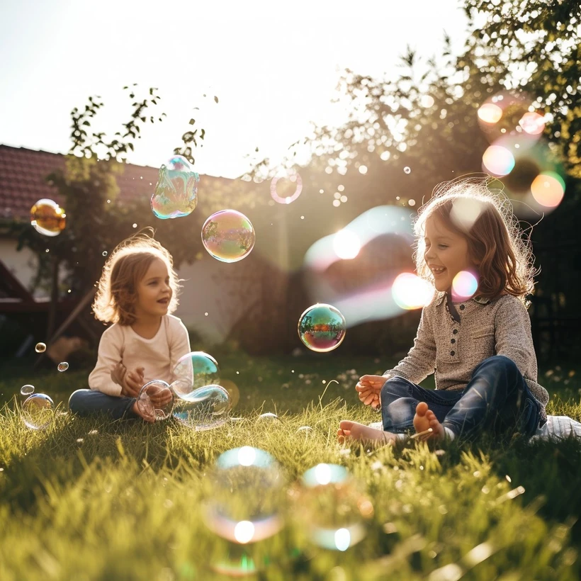 Two children laughing together outside among soap bubbles