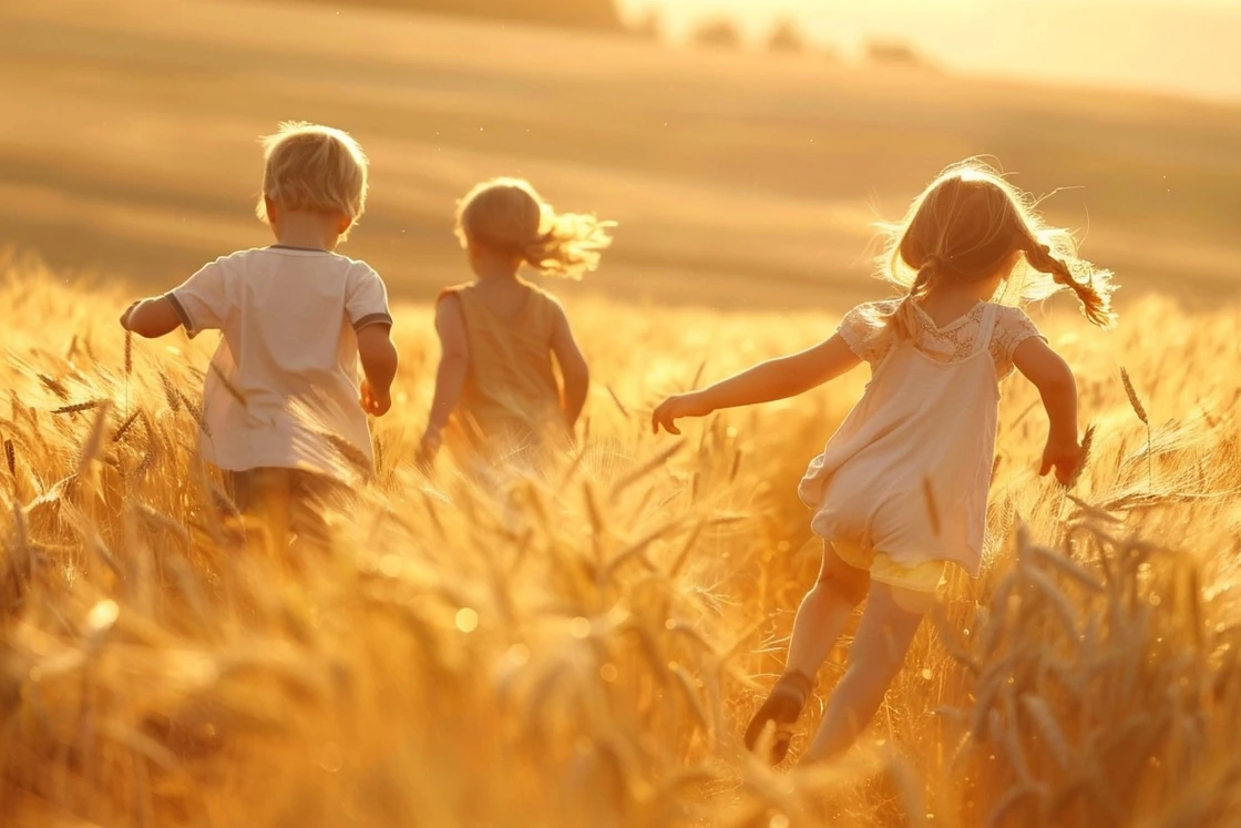 A child in a sunlit field of golden wheat